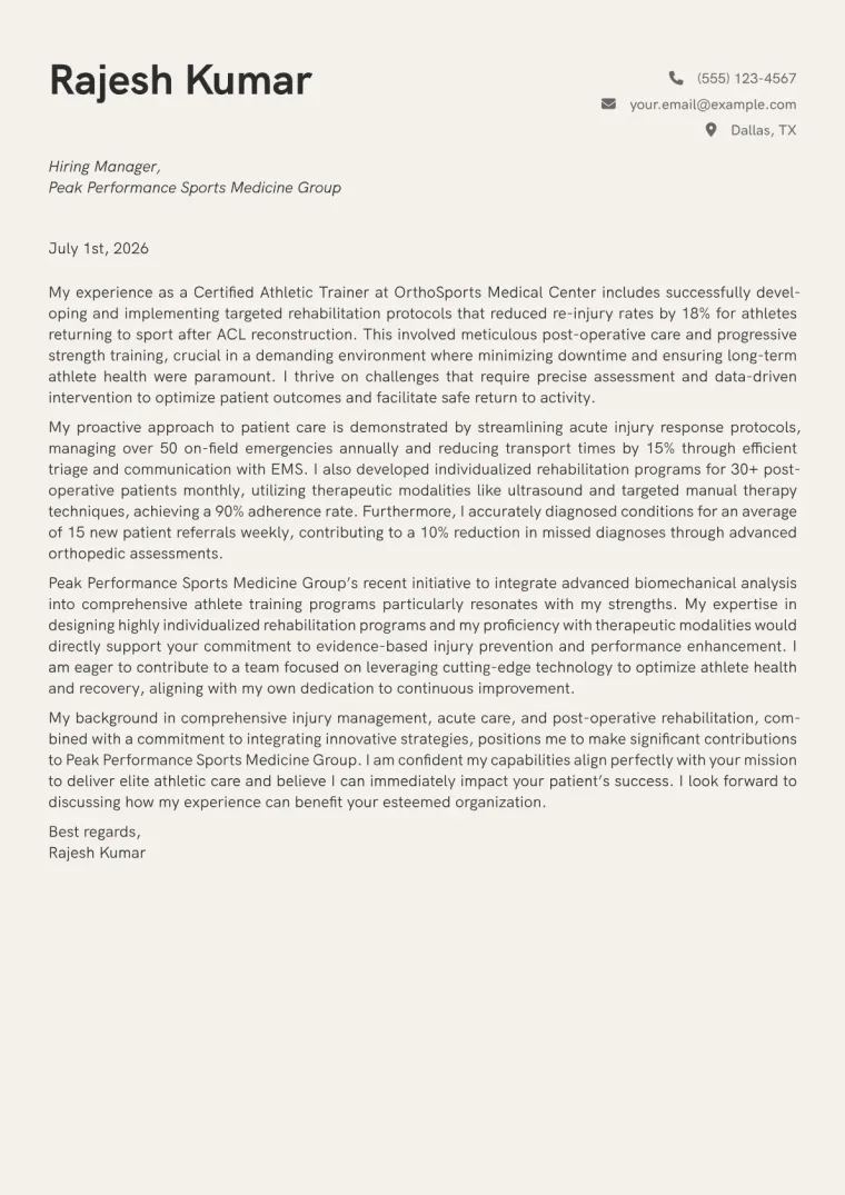 Certified Athletic Trainer cover letter example preview
