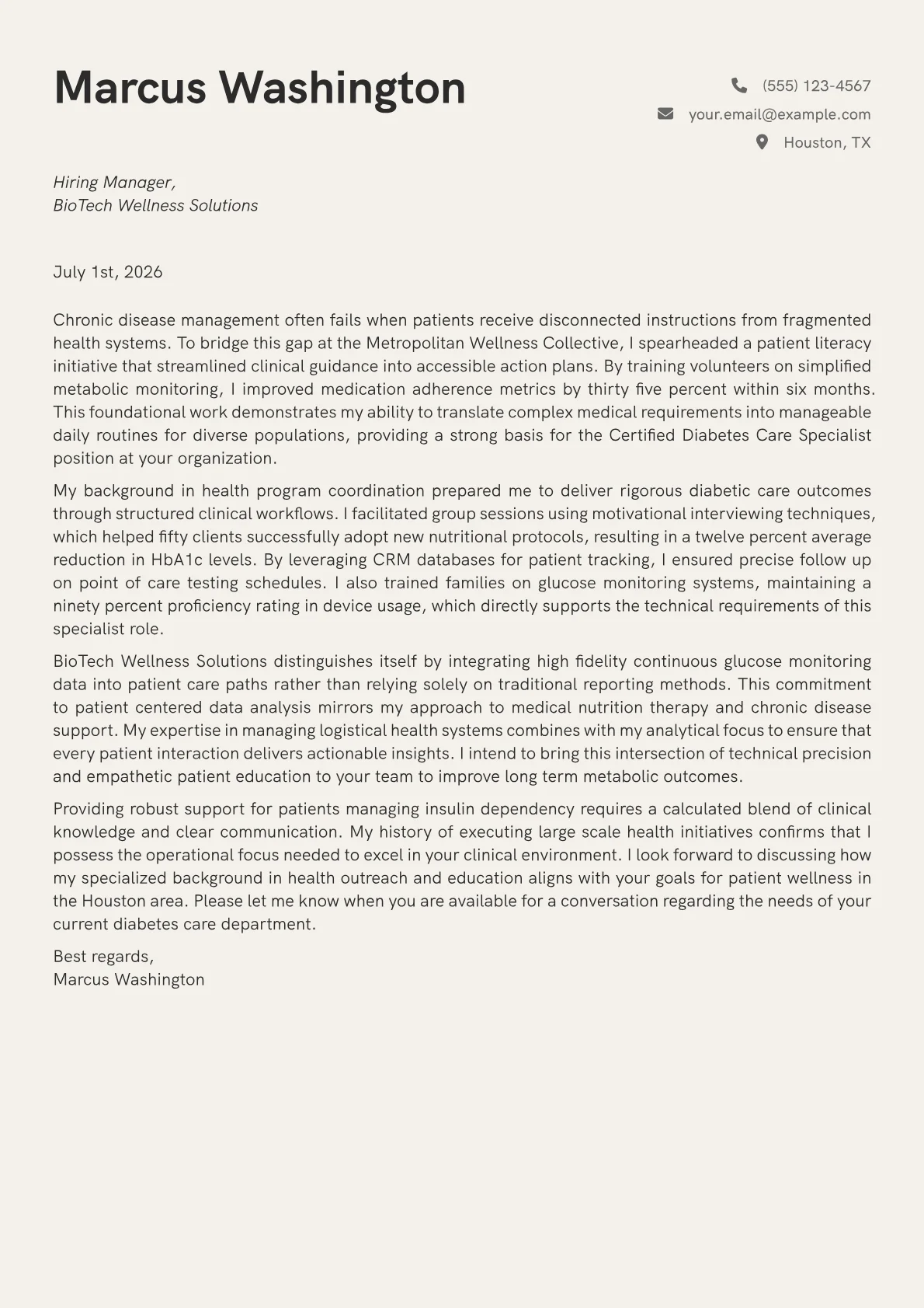 Certified Diabetes Care Specialist cover letter in the Creative design