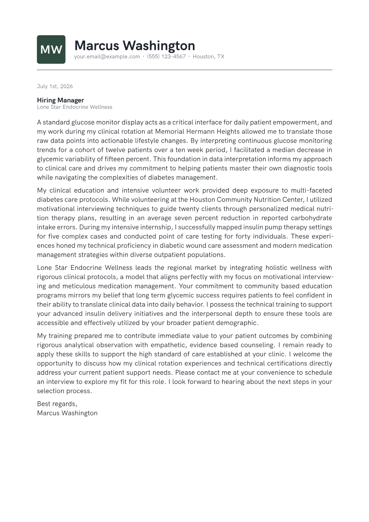 Certified Diabetes Care Specialist cover letter in the Emblem design
