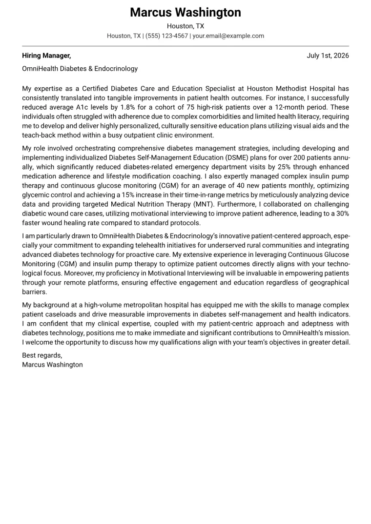 Certified Diabetes Care Specialist cover letter example