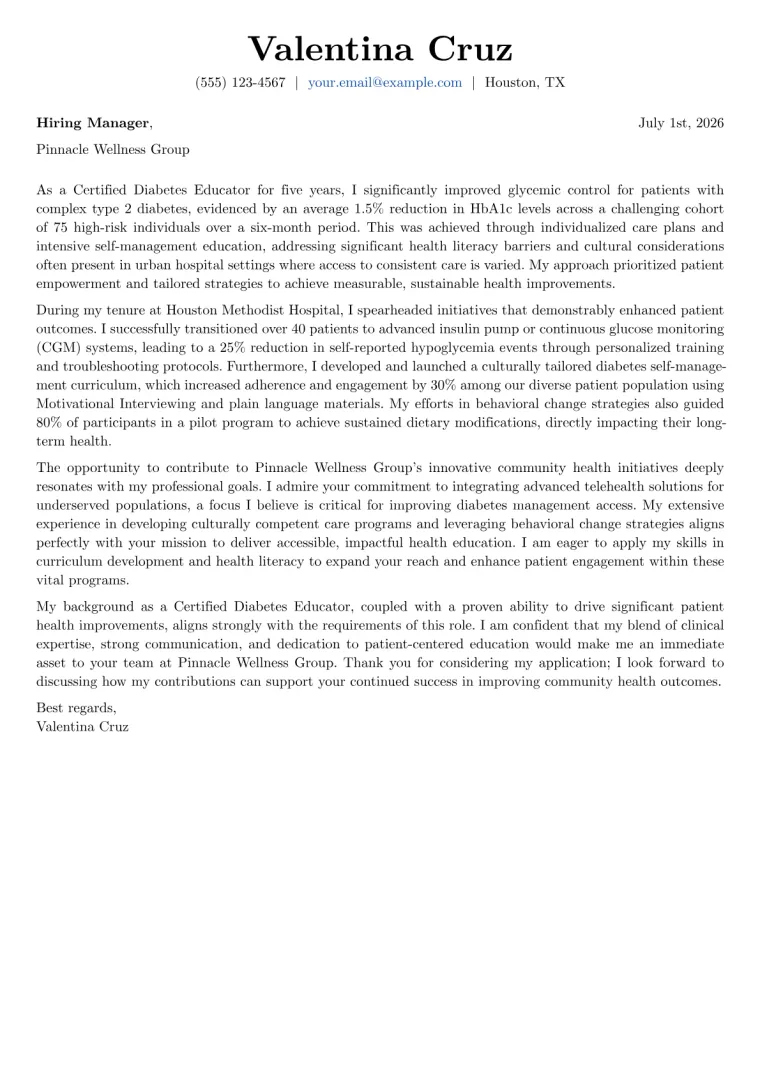 Certified Diabetes Educator cover letter example preview