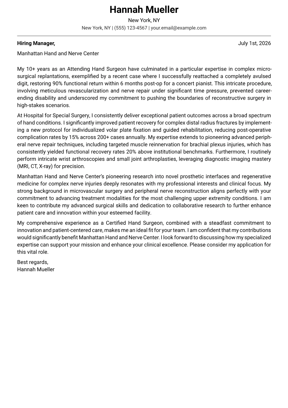 Certified Hand Surgeon cover letter formatted with a JobSprout template