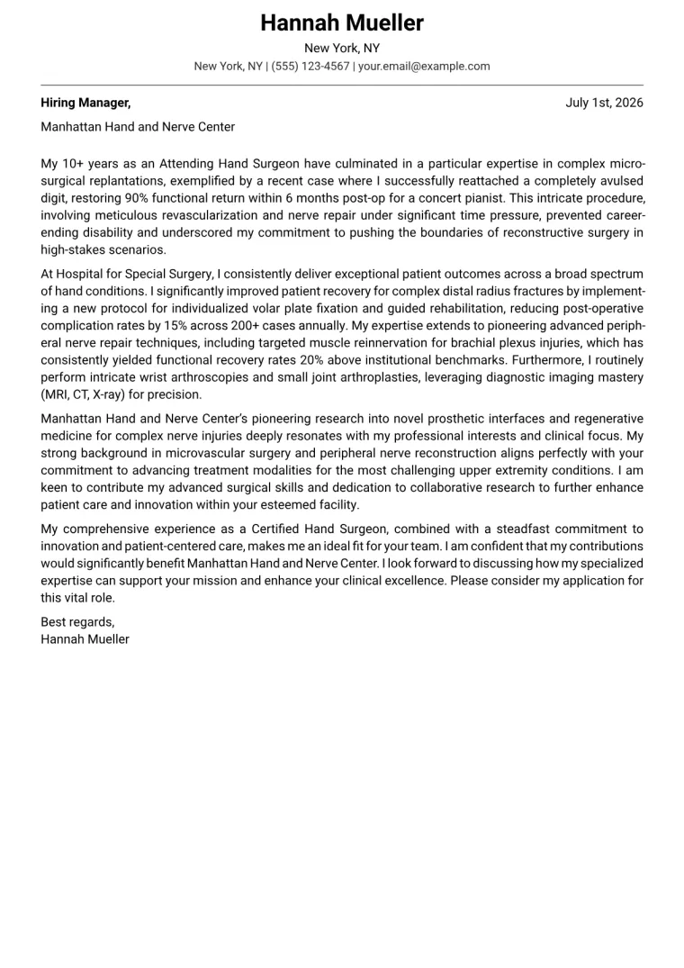 Certified Hand Surgeon cover letter example preview