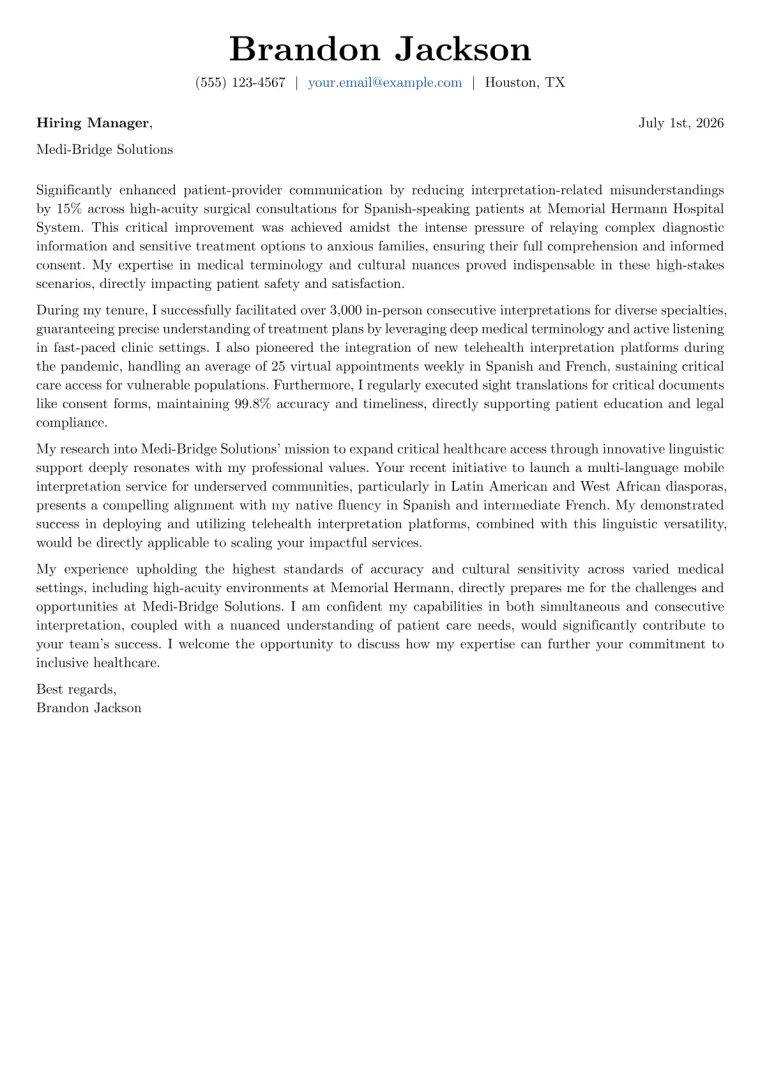 Certified Medical Interpreter cover letter example preview