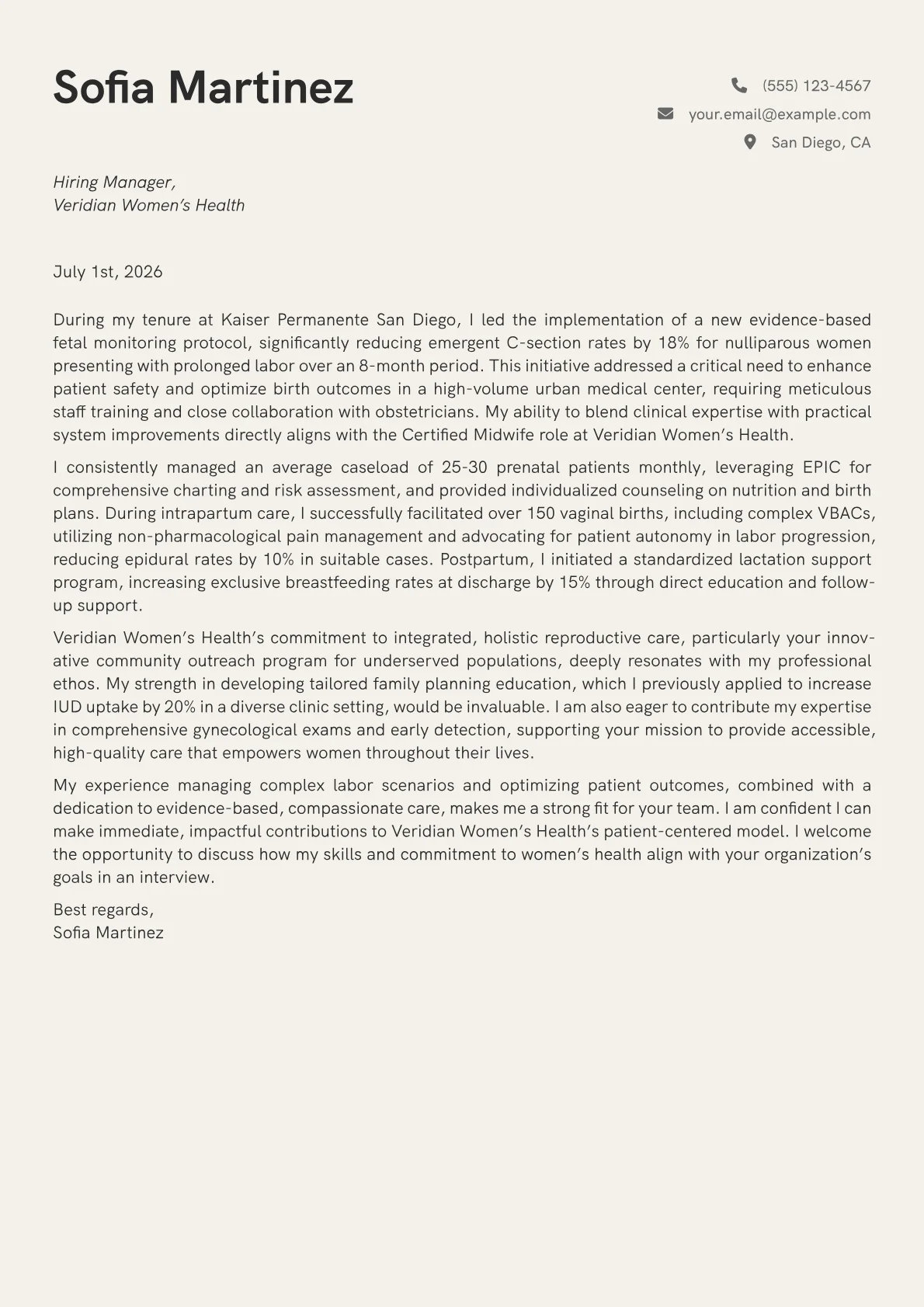 Certified Midwife cover letter formatted with a JobSprout template