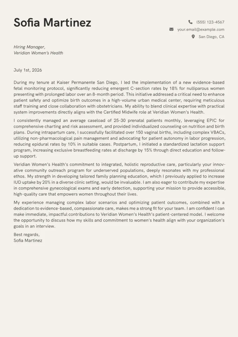 Certified Midwife cover letter example preview