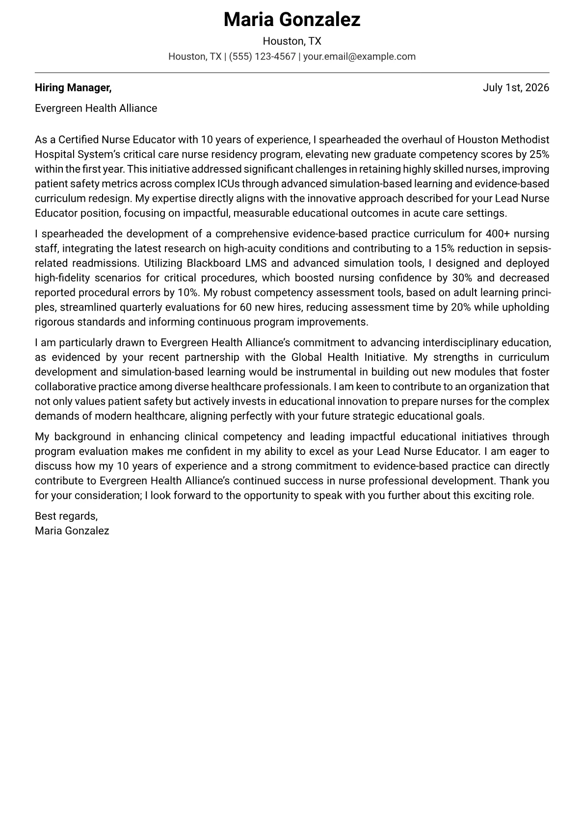 Certified Nurse Educator cover letter formatted with a JobSprout template