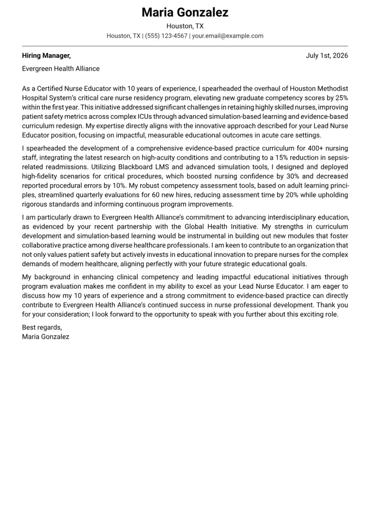 Certified Nurse Educator cover letter example preview