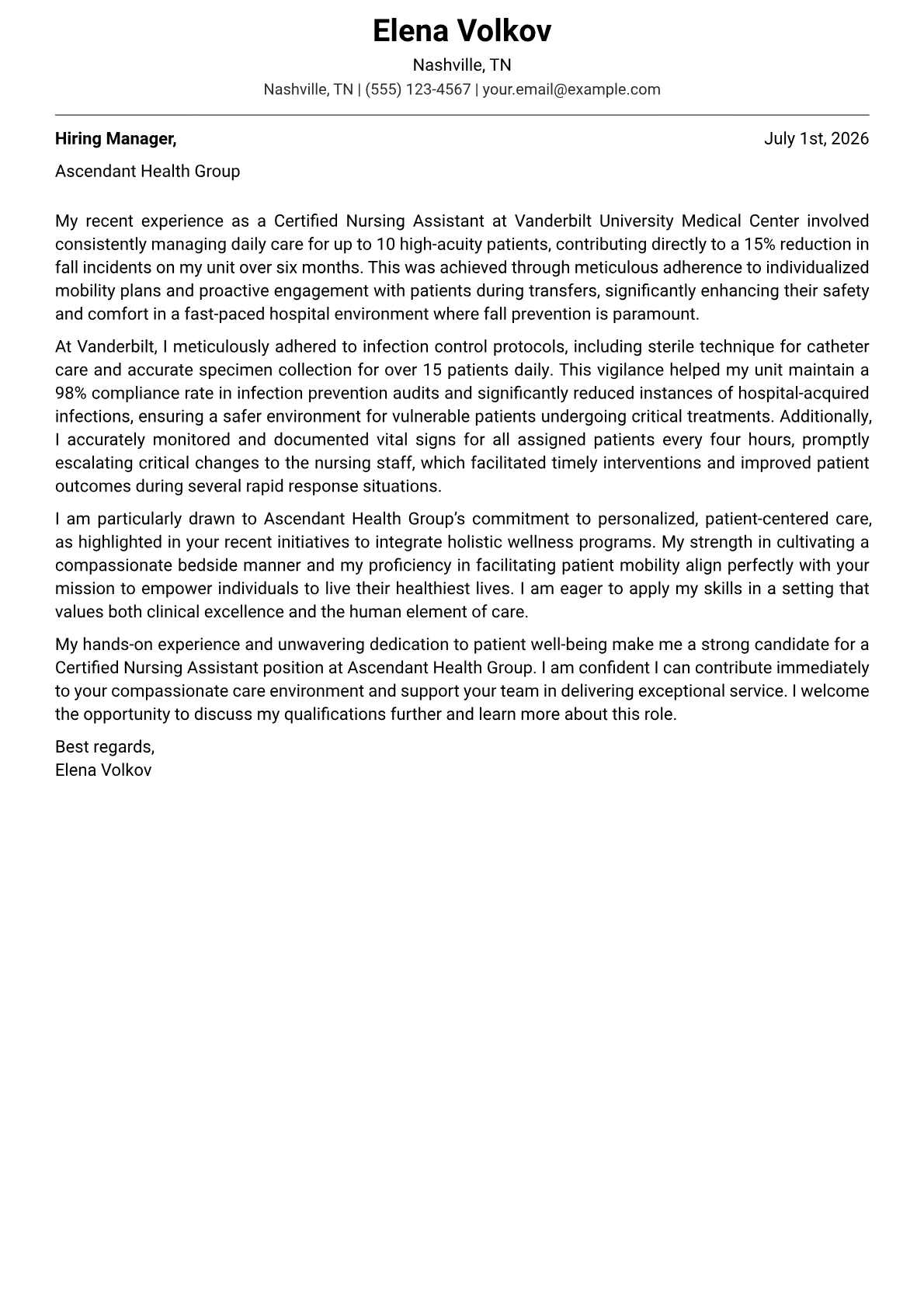 Certified Nursing Assistant cover letter formatted with a JobSprout template