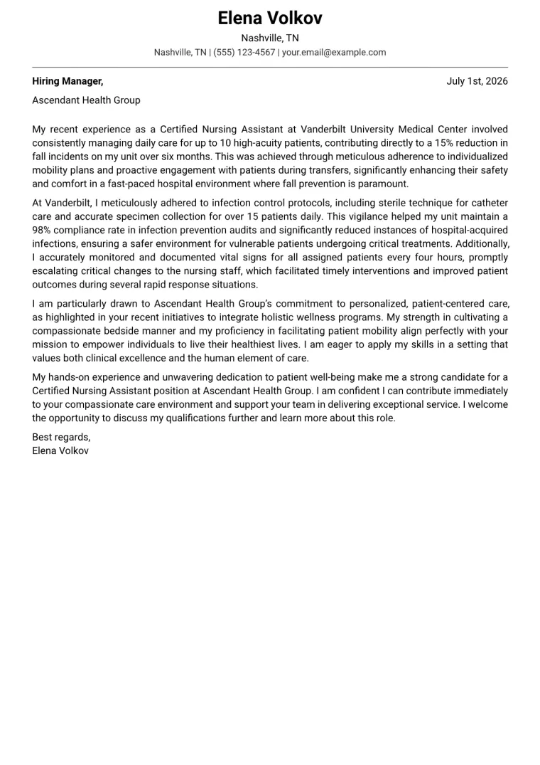 Certified Nursing Assistant Cover Letter Example