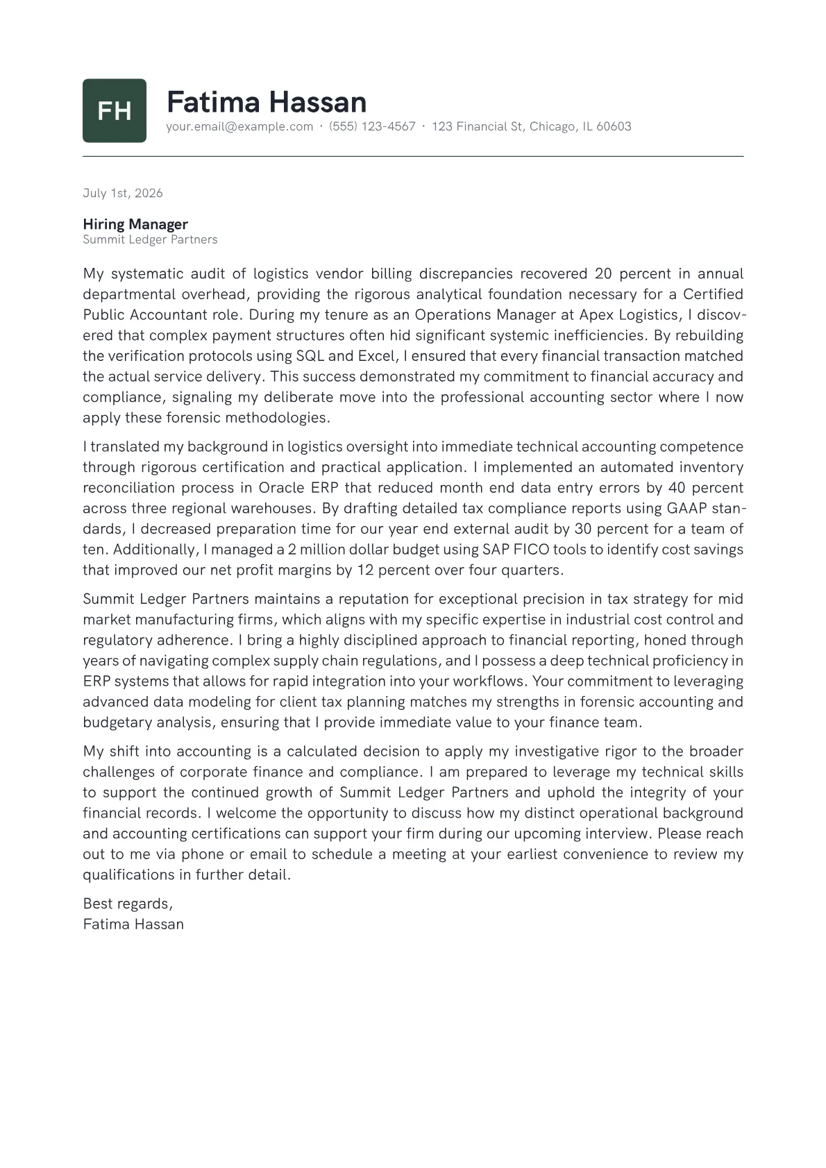 Certified Public Accountant Cpa cover letter in the Emblem design