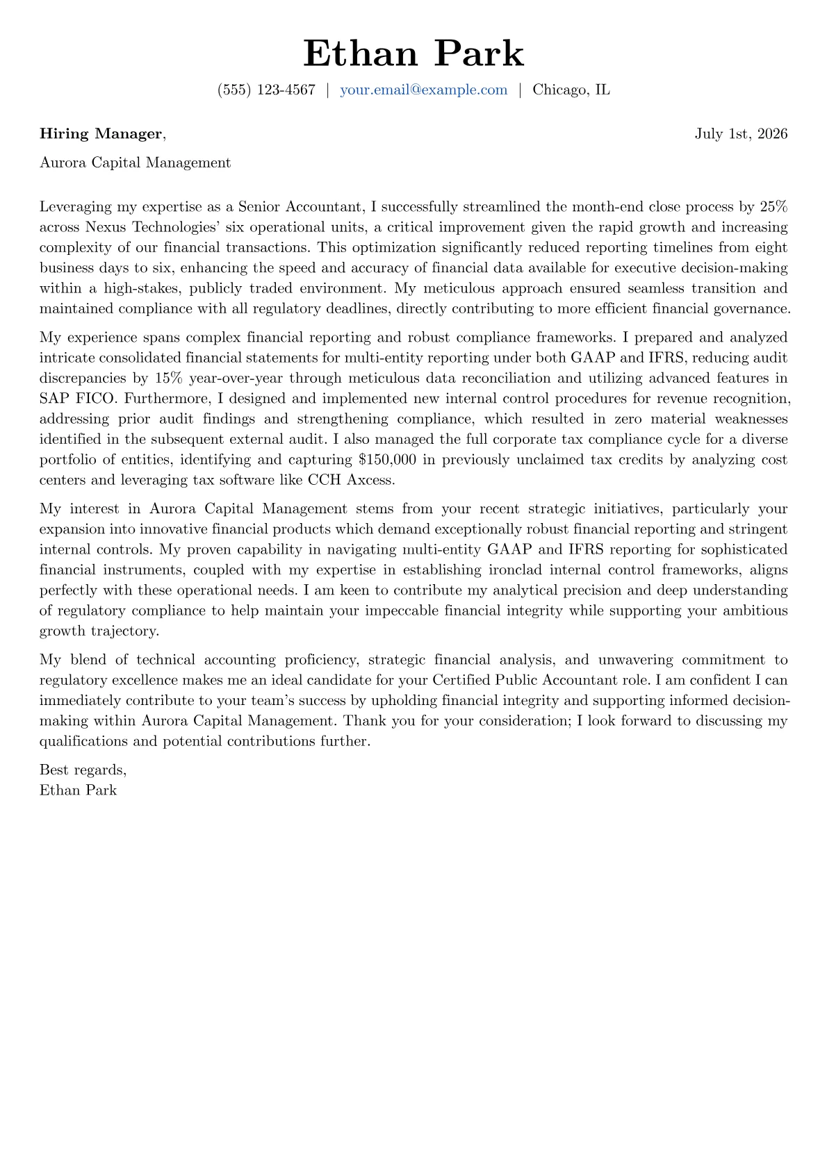 Certified Public Accountant cover letter formatted with a JobSprout template