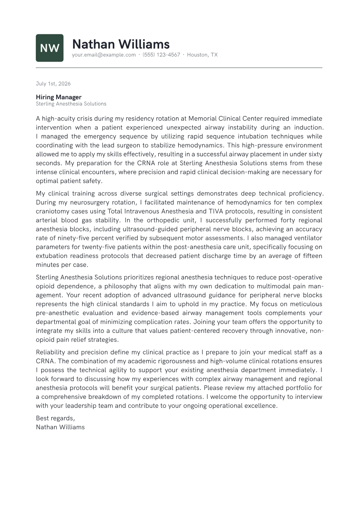 Certified Registered Nurse Anesthetist cover letter in the Emblem design