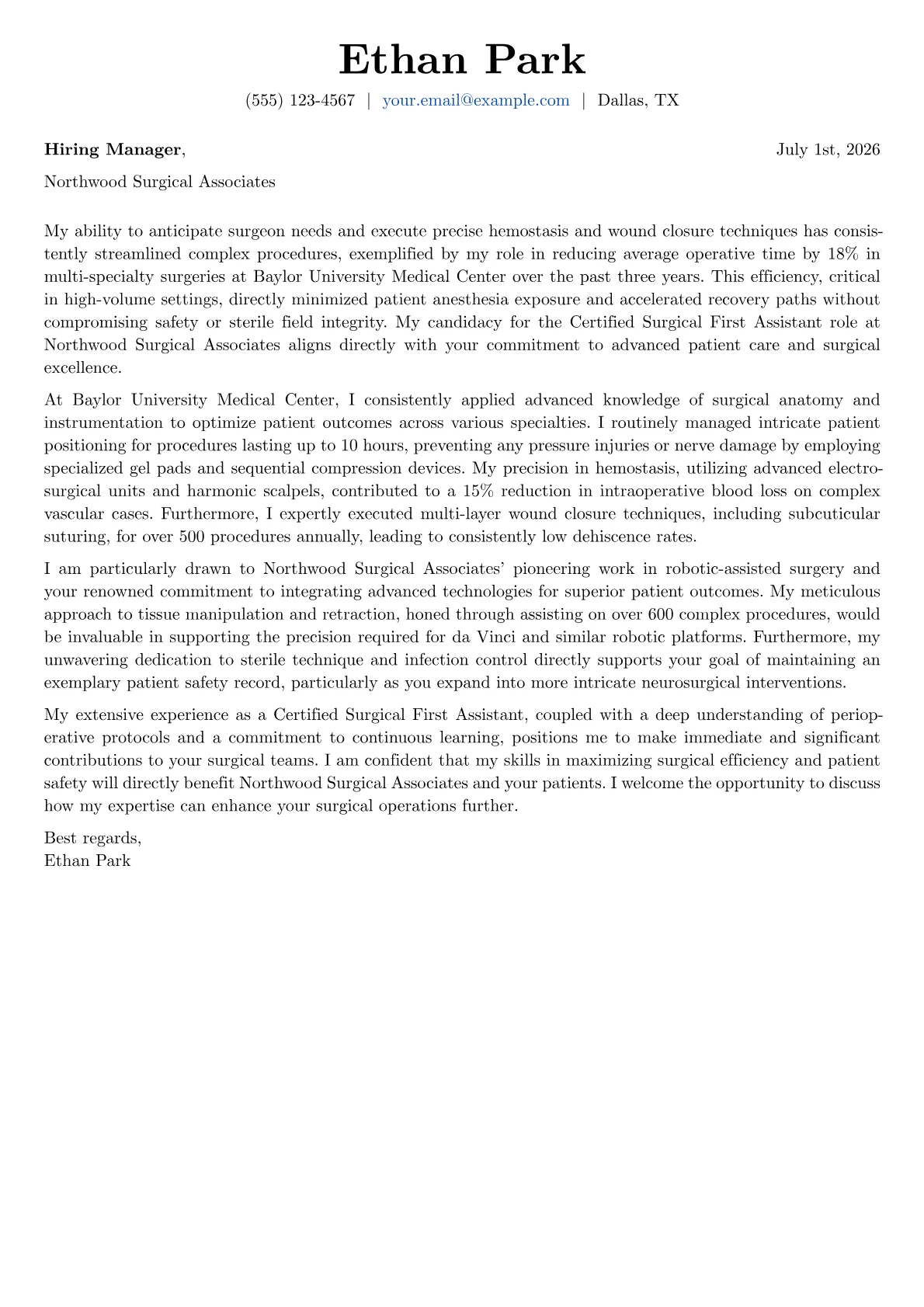 Certified Surgical First Assistant cover letter formatted with a JobSprout template