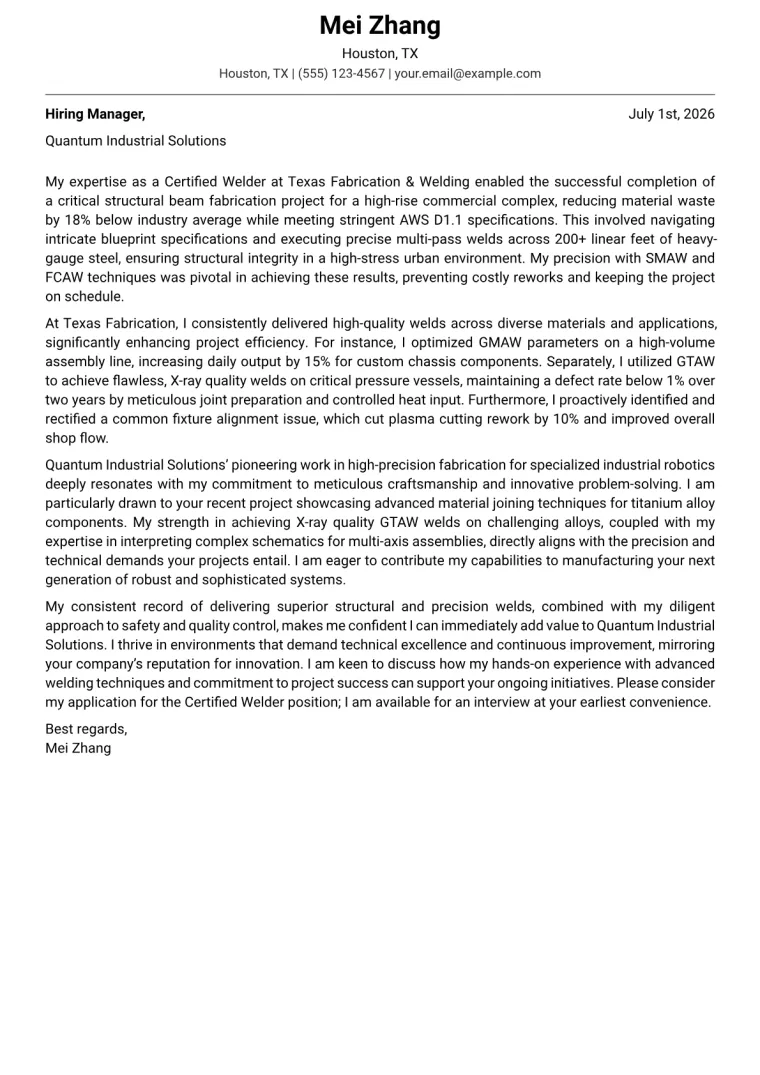 Certified Welder cover letter example preview