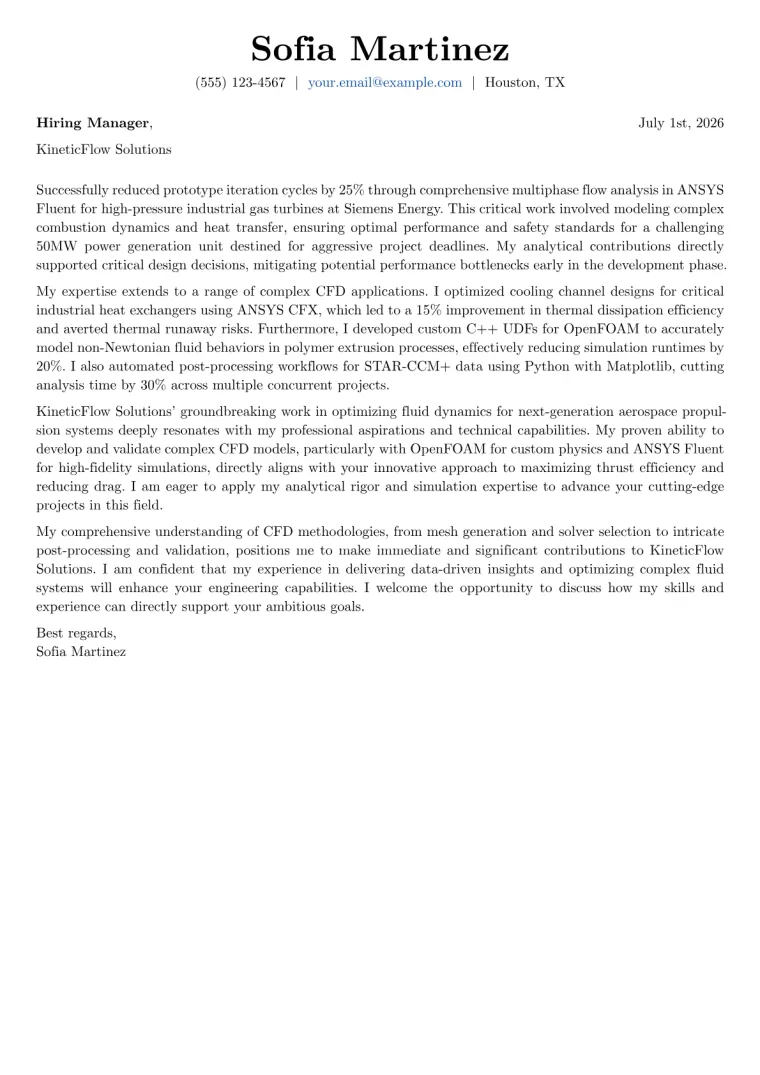 CFD Engineer cover letter example