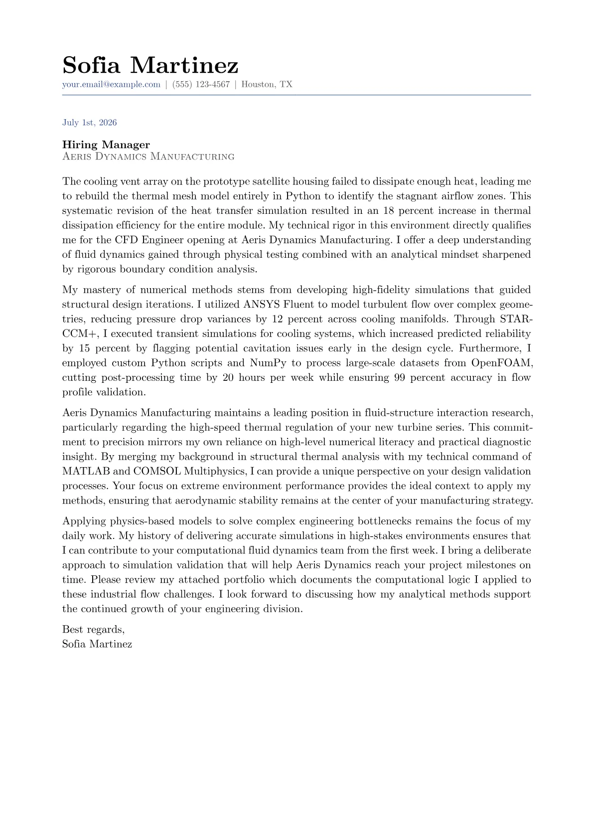 CFD Engineer cover letter in the Classic design