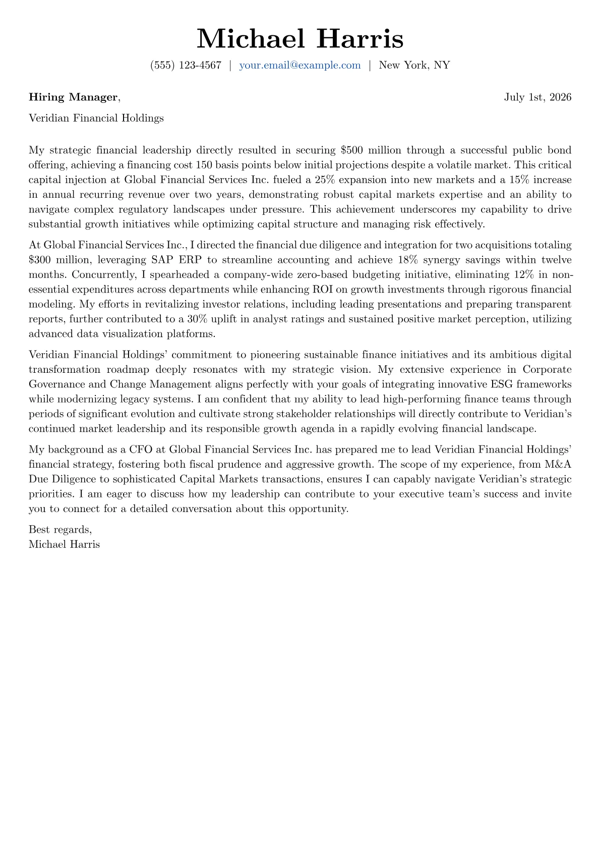 CFO cover letter formatted with a JobSprout template