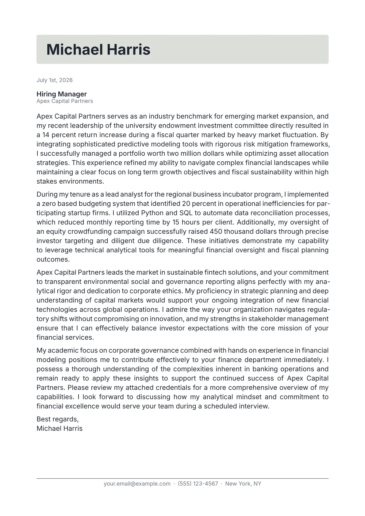 CFO cover letter in the Letterhead design