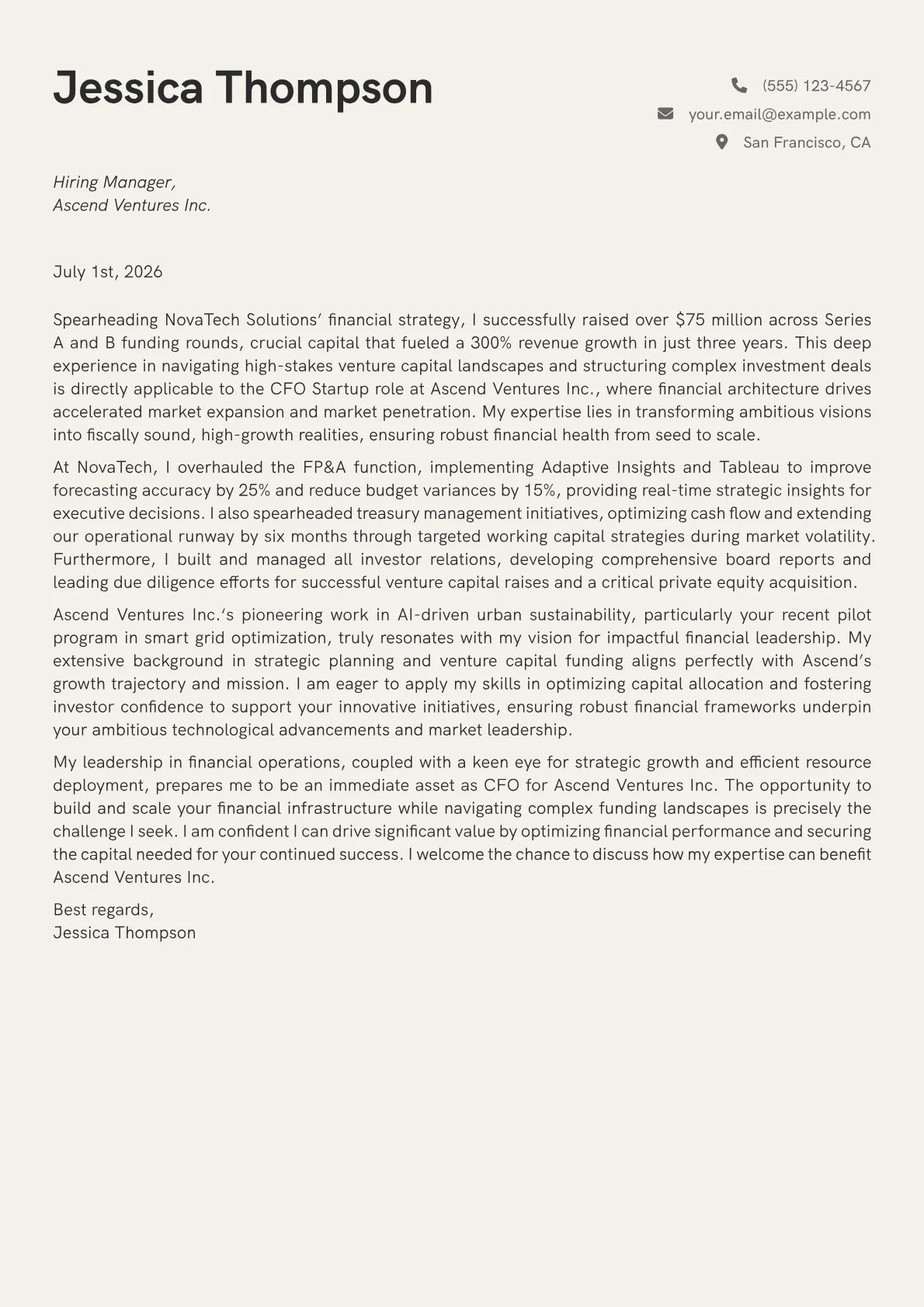 CFO Startup cover letter formatted with a JobSprout template