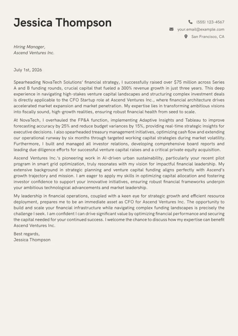 CFO Startup cover letter example preview