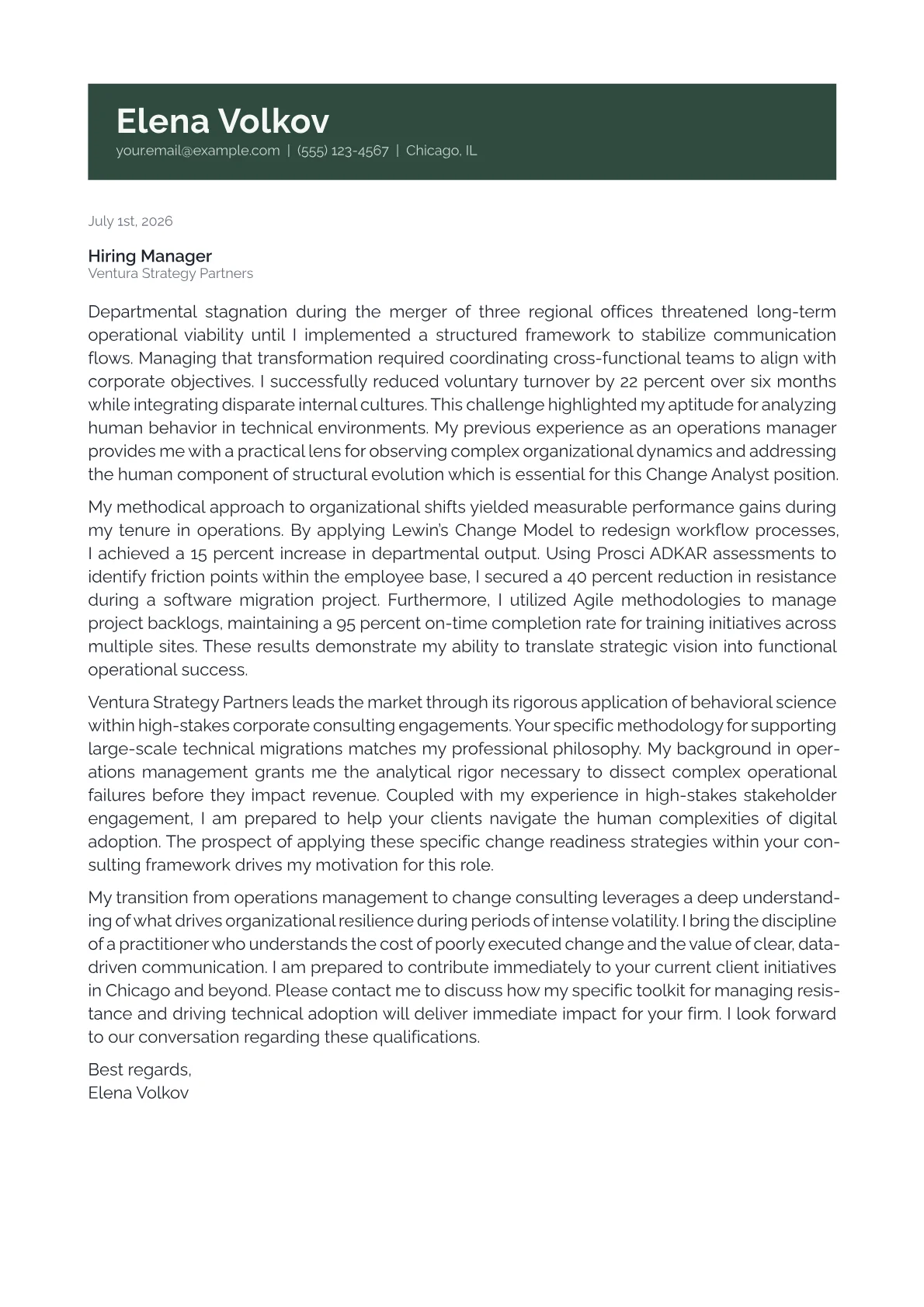 Change Analyst cover letter in the Banner design