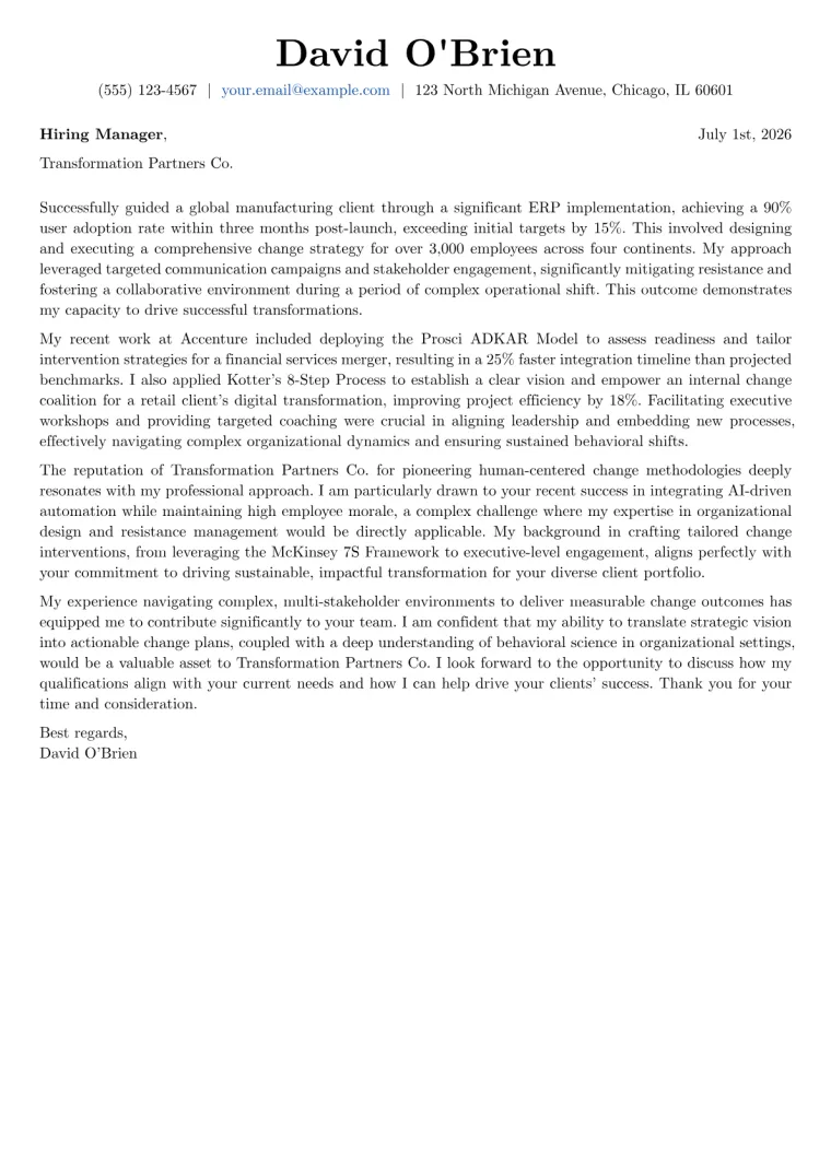 Change Management cover letter example preview
