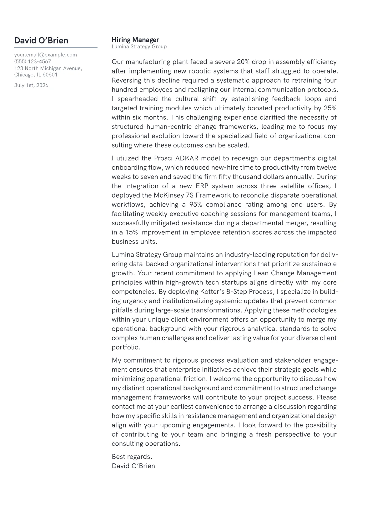 Change Management cover letter in the Margin design