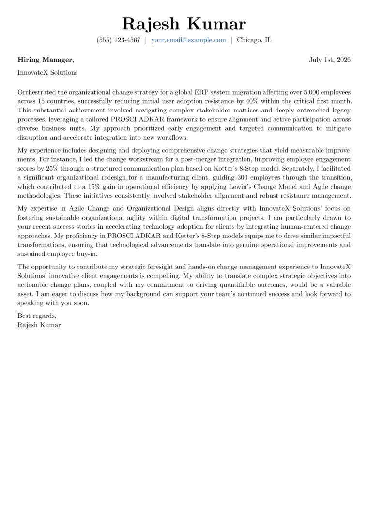 Change Management Consultant cover letter example