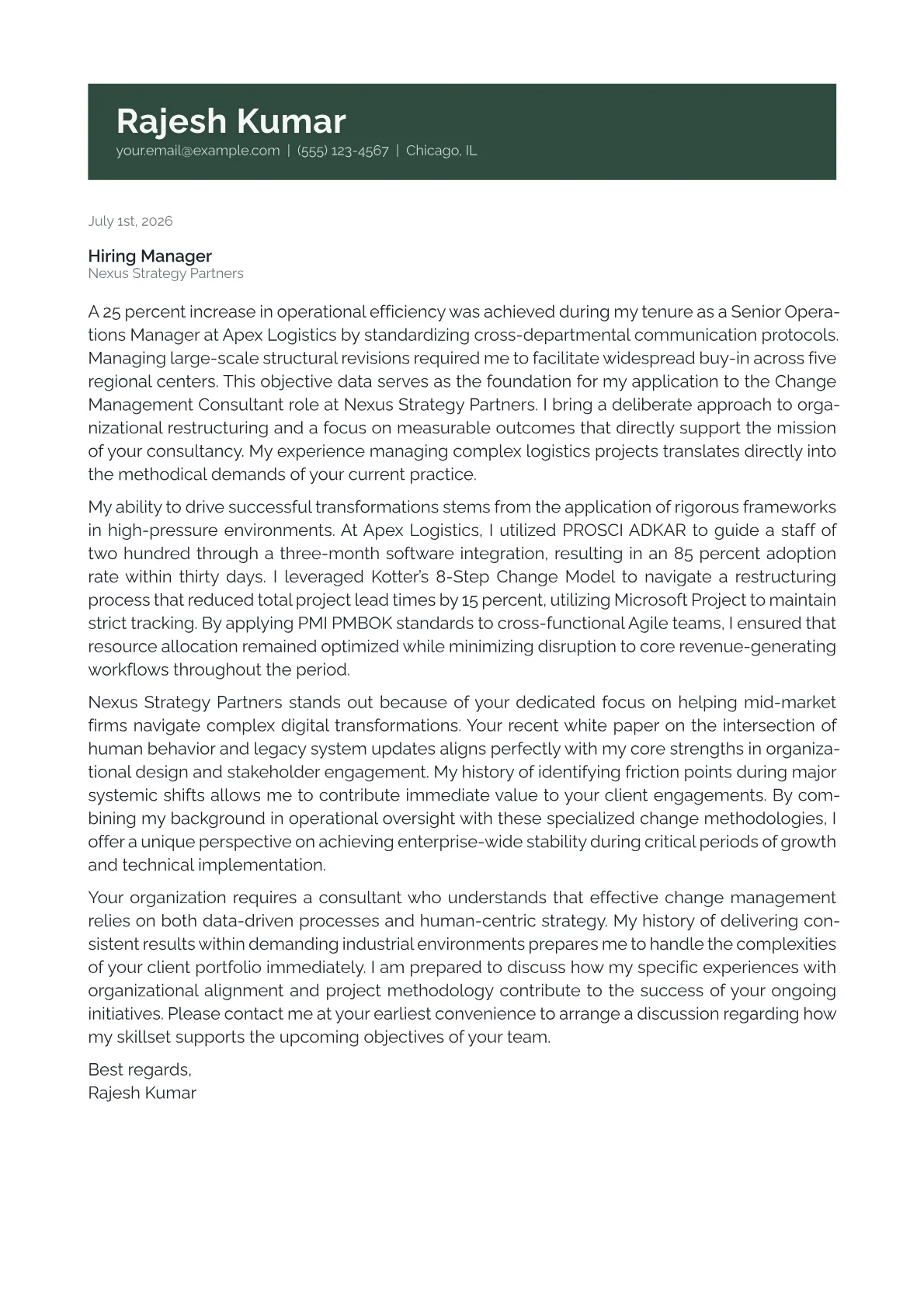Change Management Consultant cover letter in the Banner design