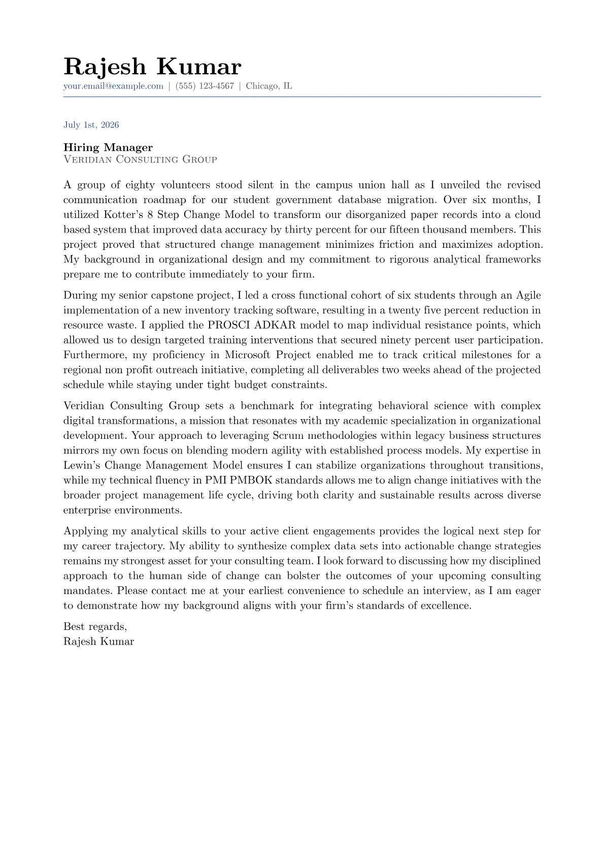 Change Management Consultant cover letter in the Classic design