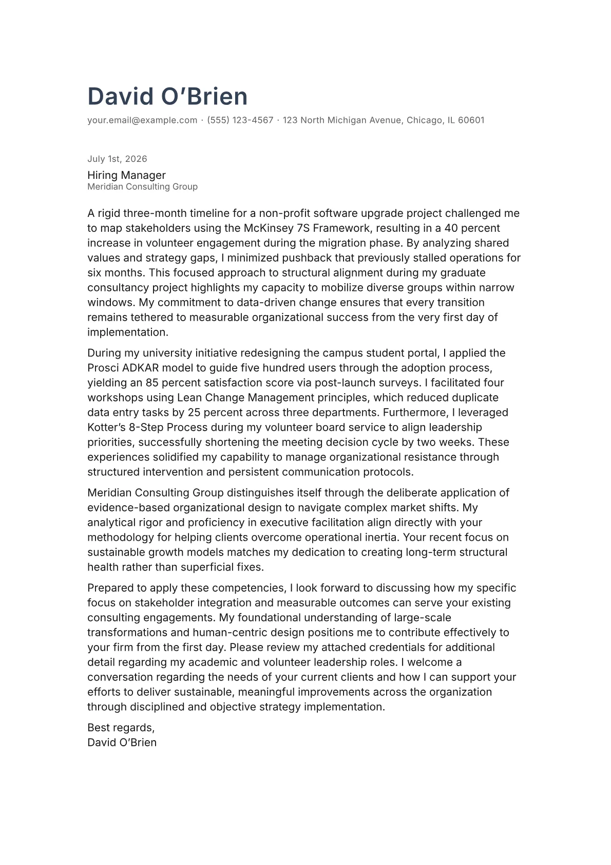 Change Management cover letter in the Minimal design