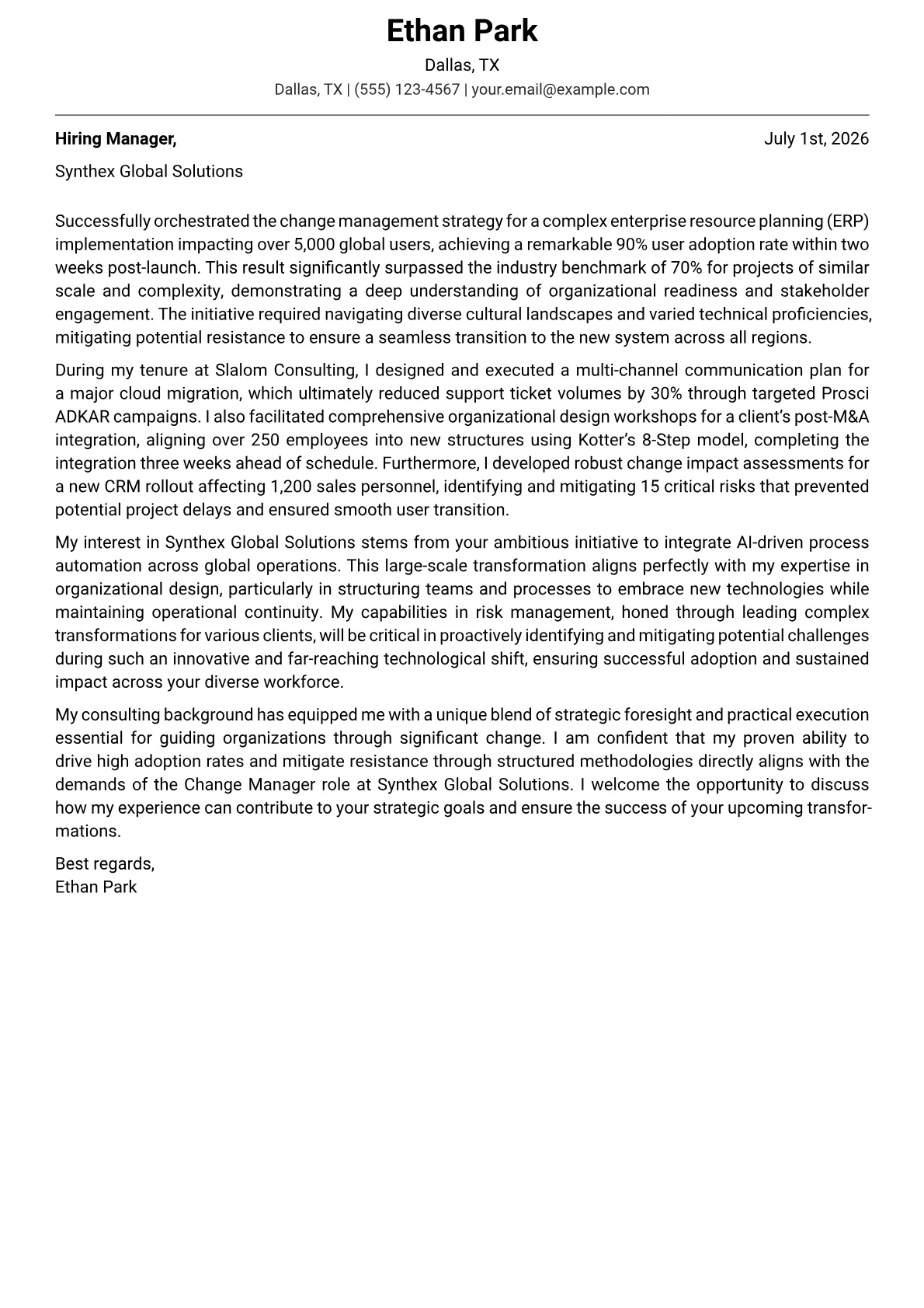 Change Manager cover letter formatted with a JobSprout template