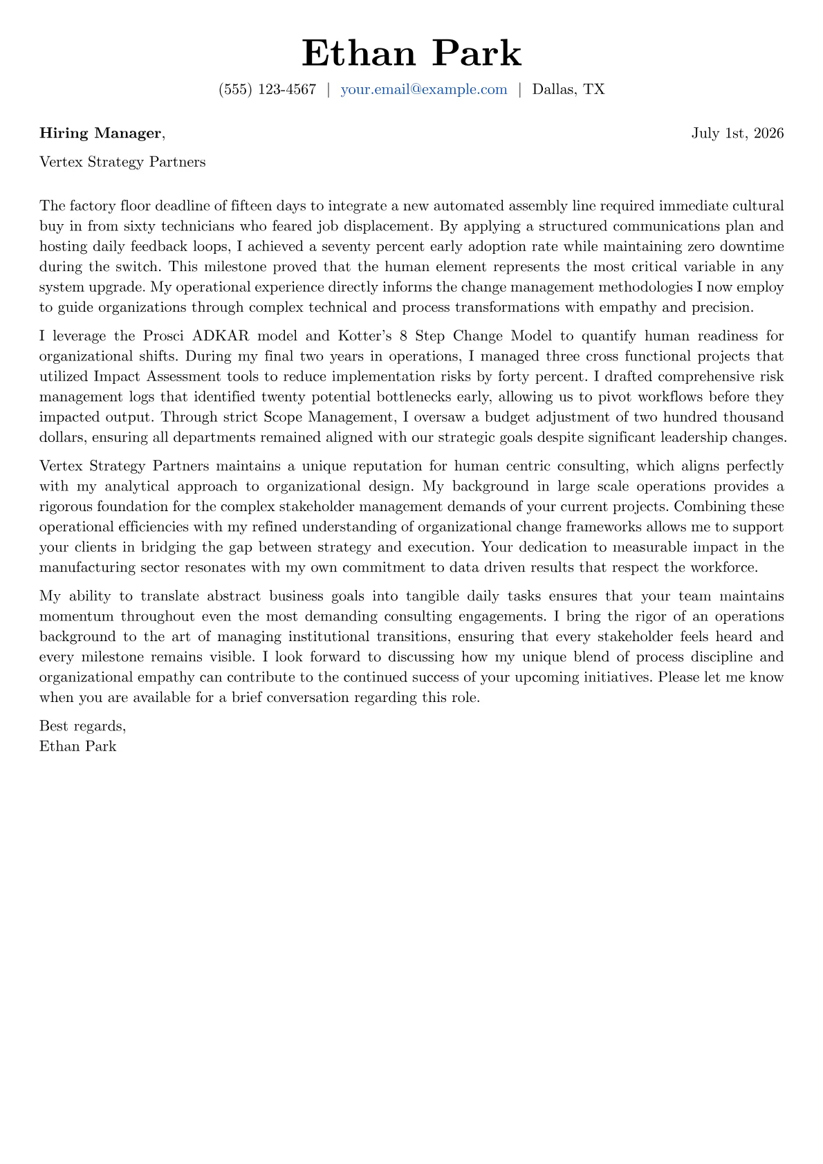 Change Manager cover letter in the Basic design