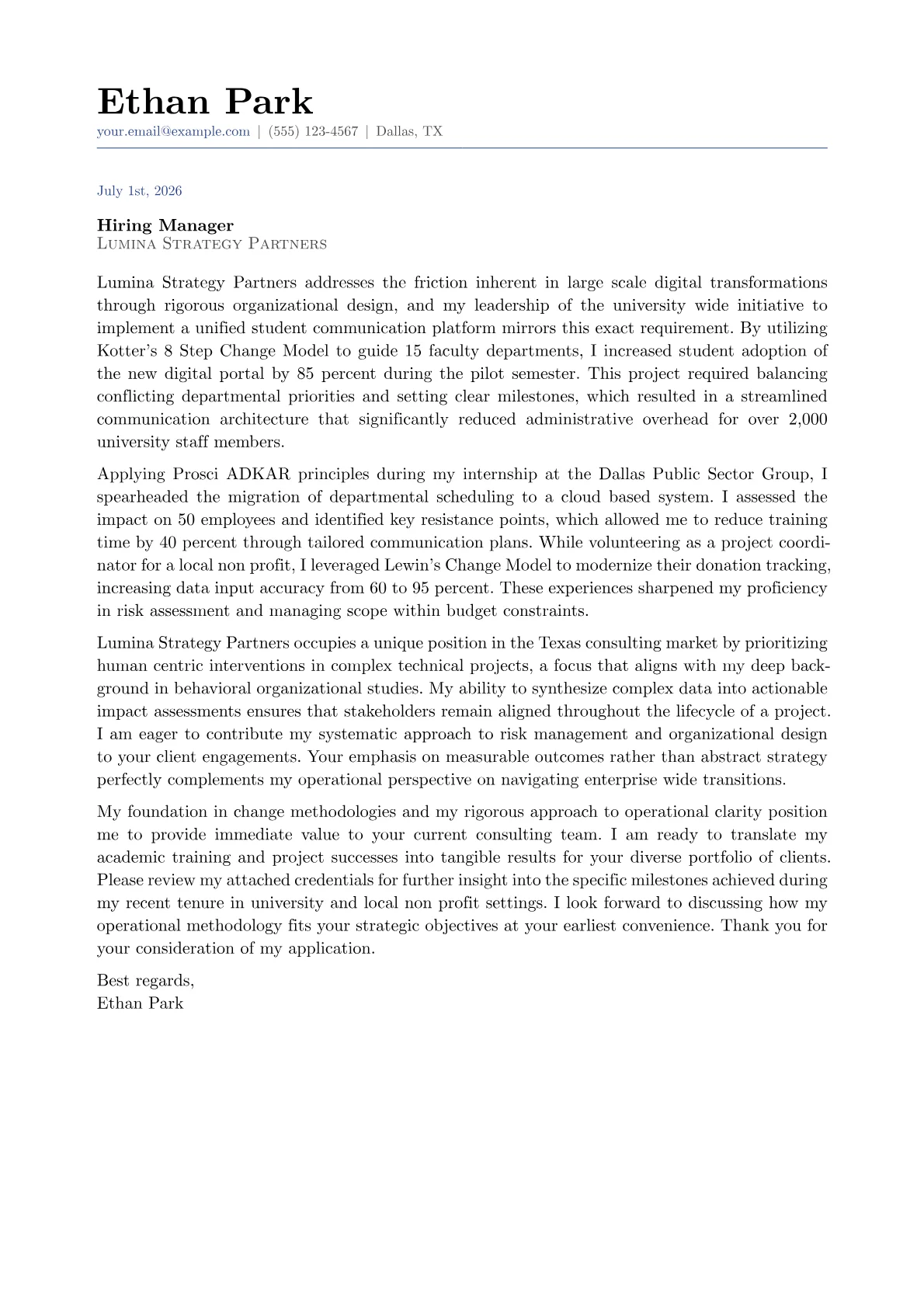 Change Manager cover letter in the Classic design