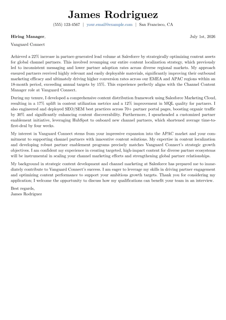 Channel Content Manager cover letter example preview
