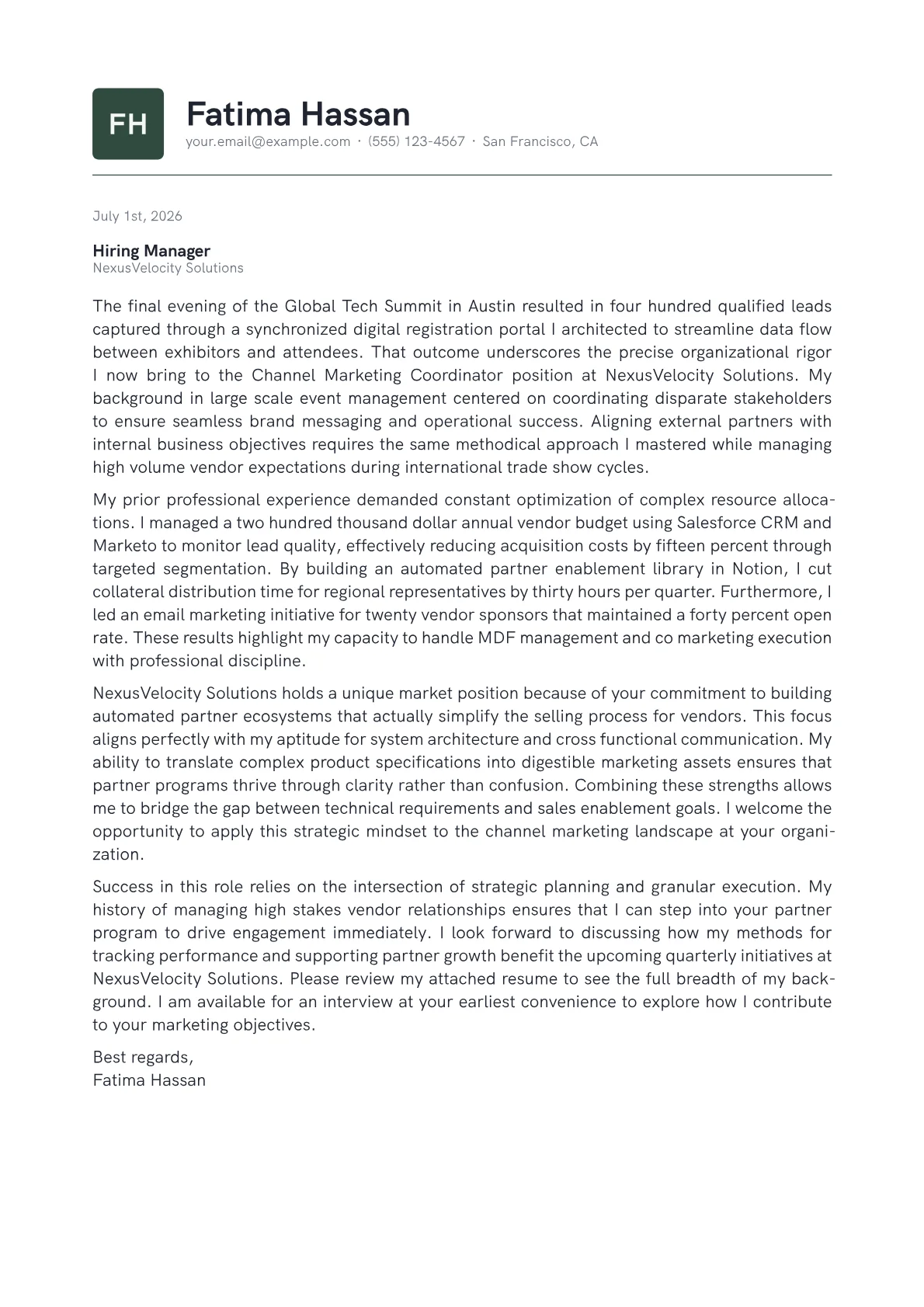 Channel Marketing Coordinator cover letter in the Emblem design