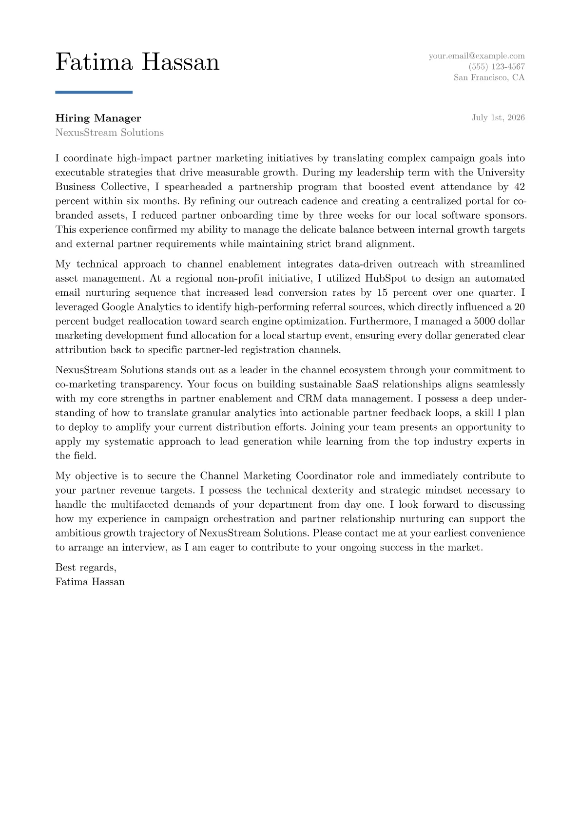 Channel Marketing Coordinator cover letter in the Executive design
