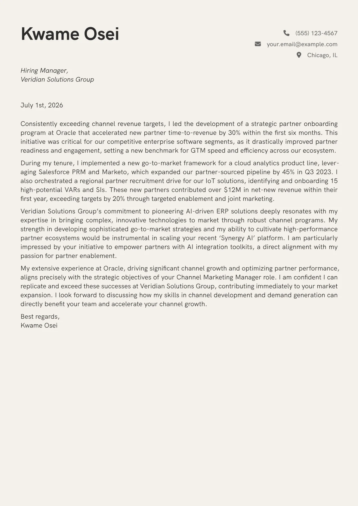 Channel Marketing Manager cover letter formatted with a JobSprout template