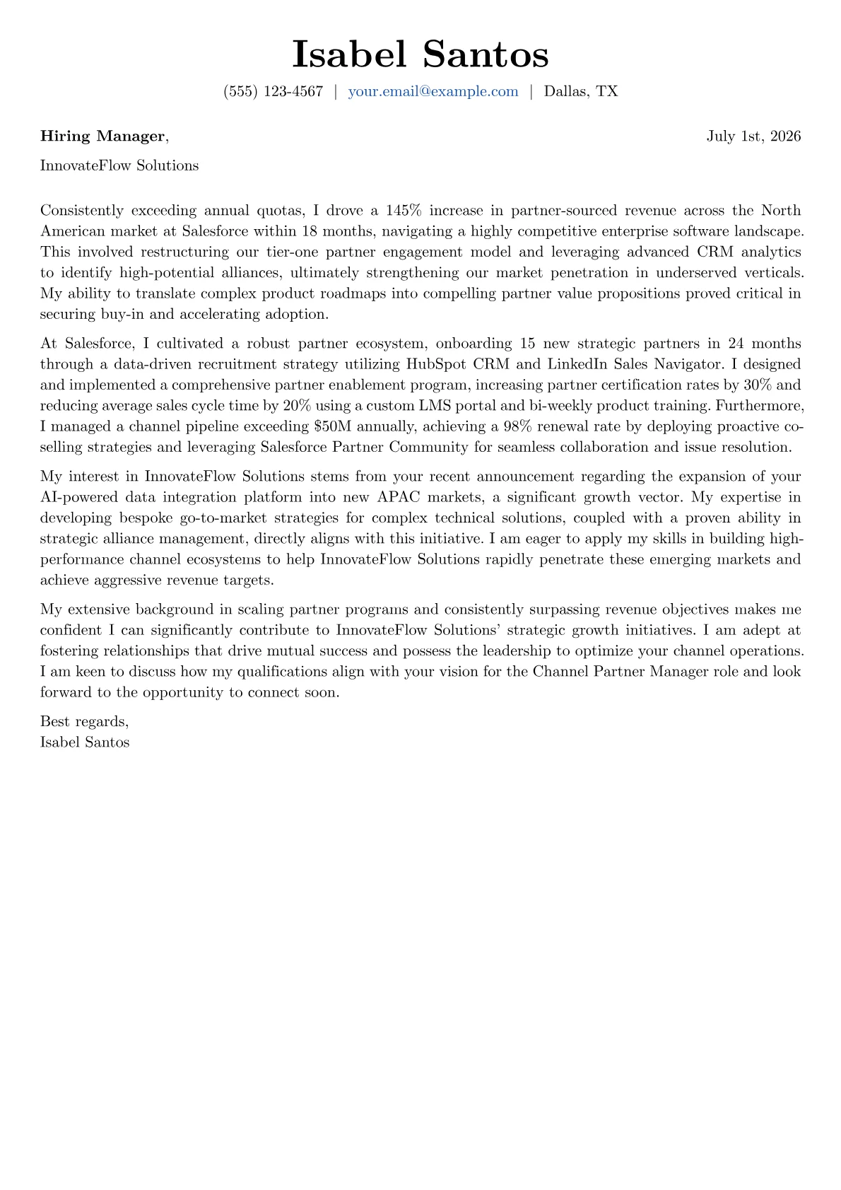 Channel Partner Manager cover letter formatted with a JobSprout template