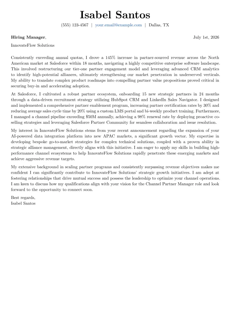 Channel Partner Manager cover letter example preview
