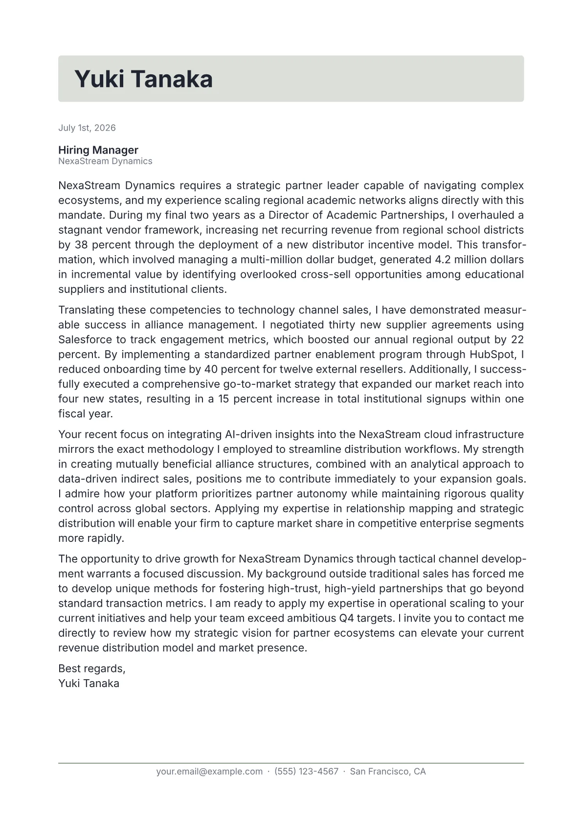 Channel Sales Manager cover letter in the Letterhead design