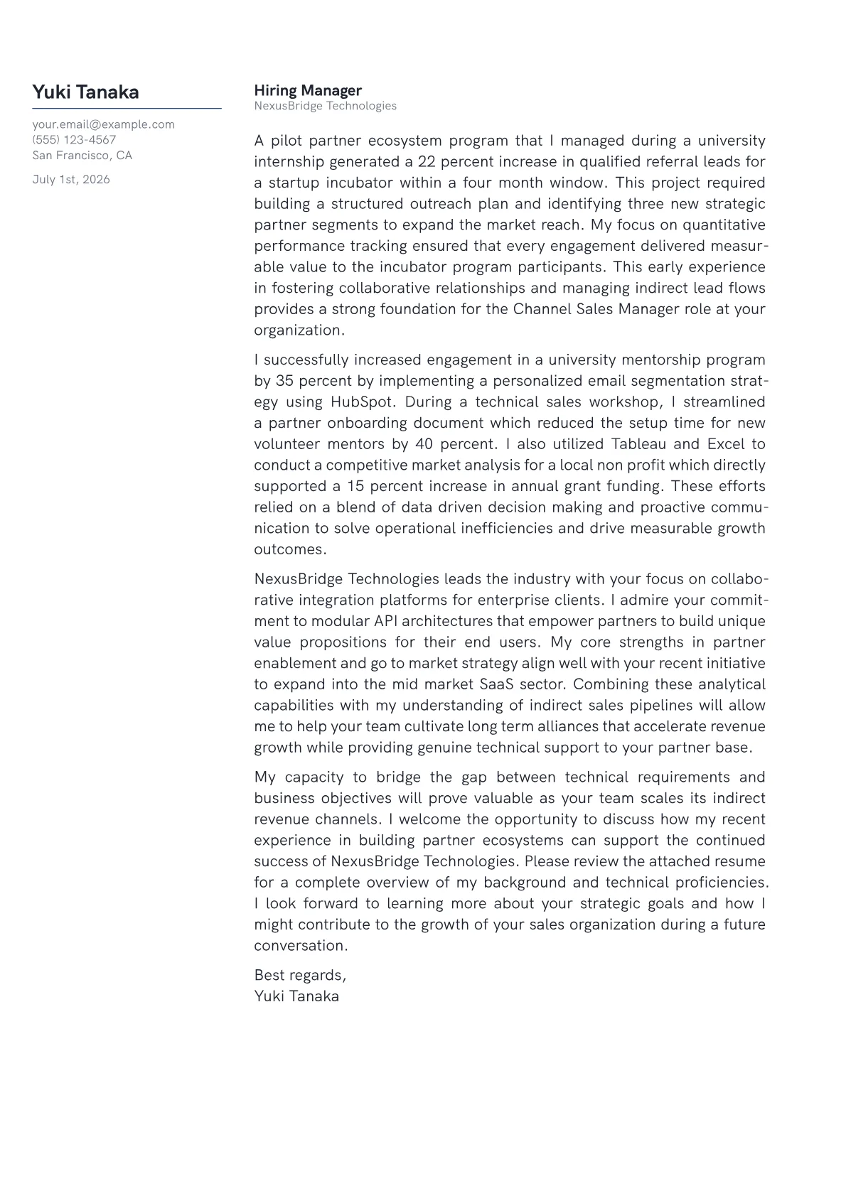 Channel Sales Manager cover letter in the Margin design