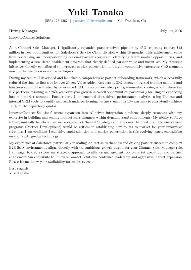 Channel Sales Manager cover letter example