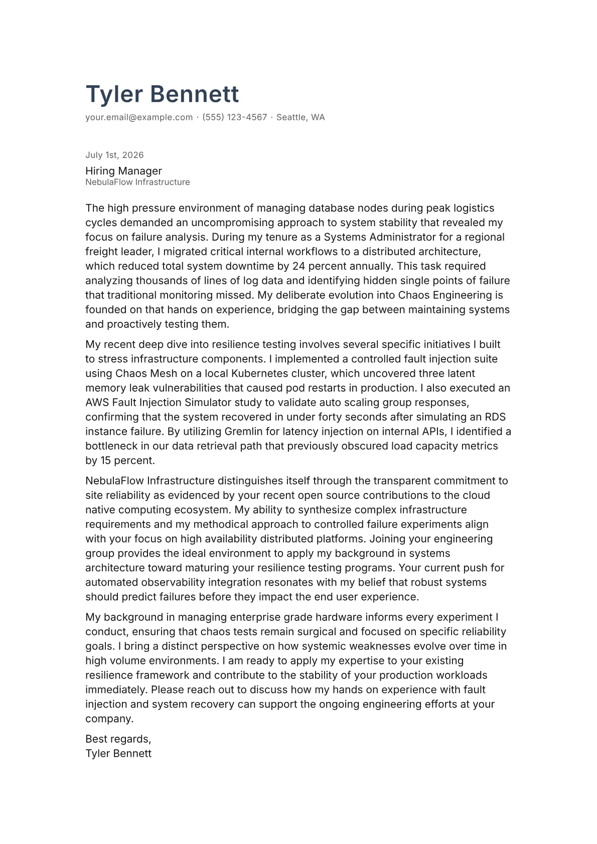 Chaos Engineer cover letter in the Minimal design