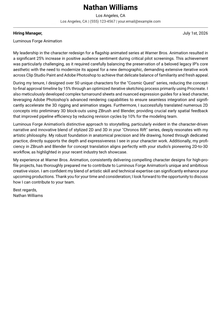 Character Designer Cover Letter Example