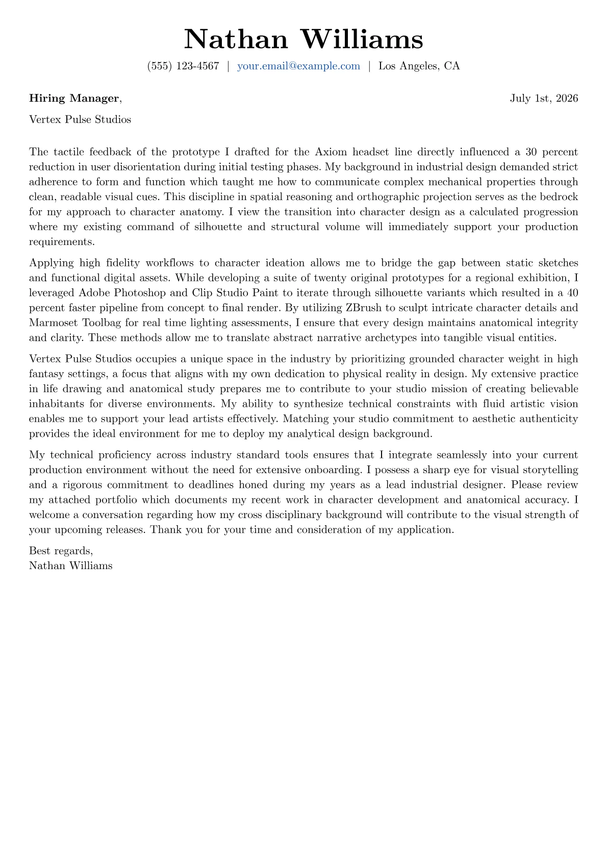 Character Designer cover letter in the Basic design