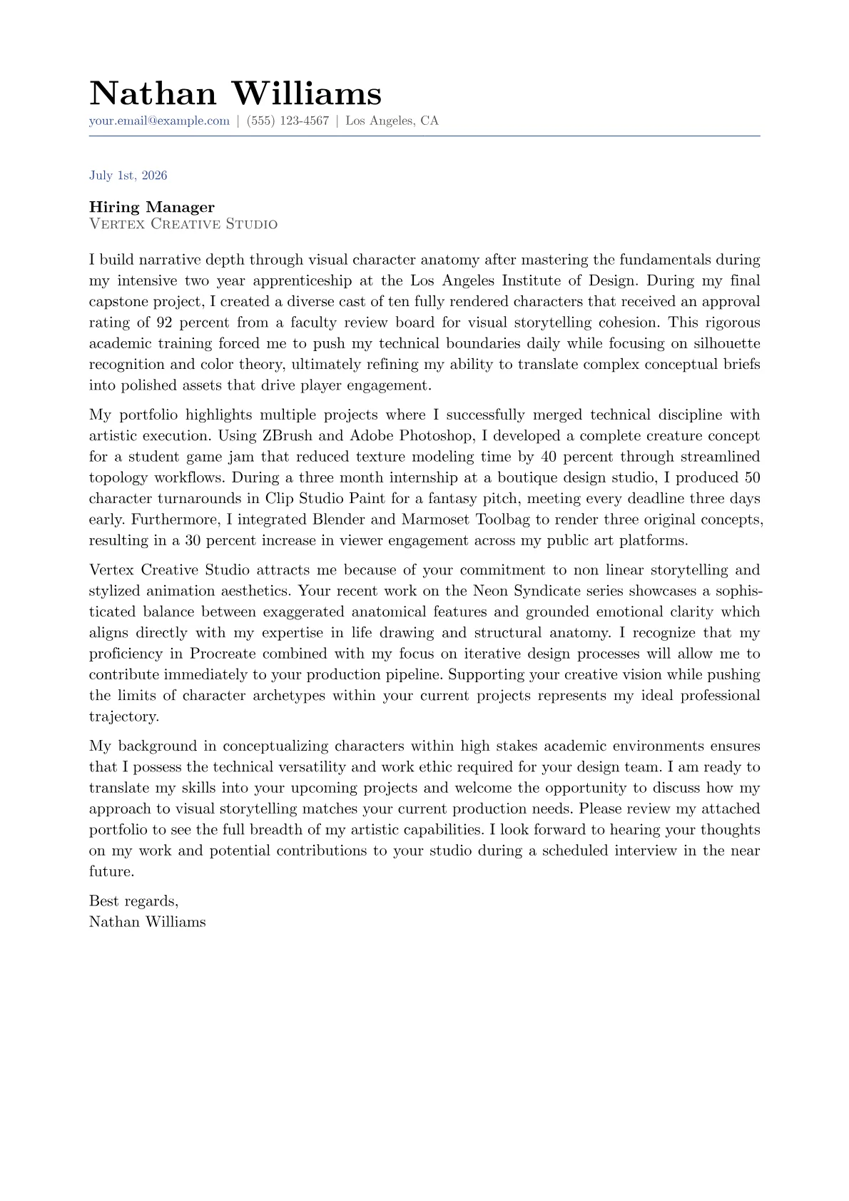 Character Designer cover letter in the Classic design