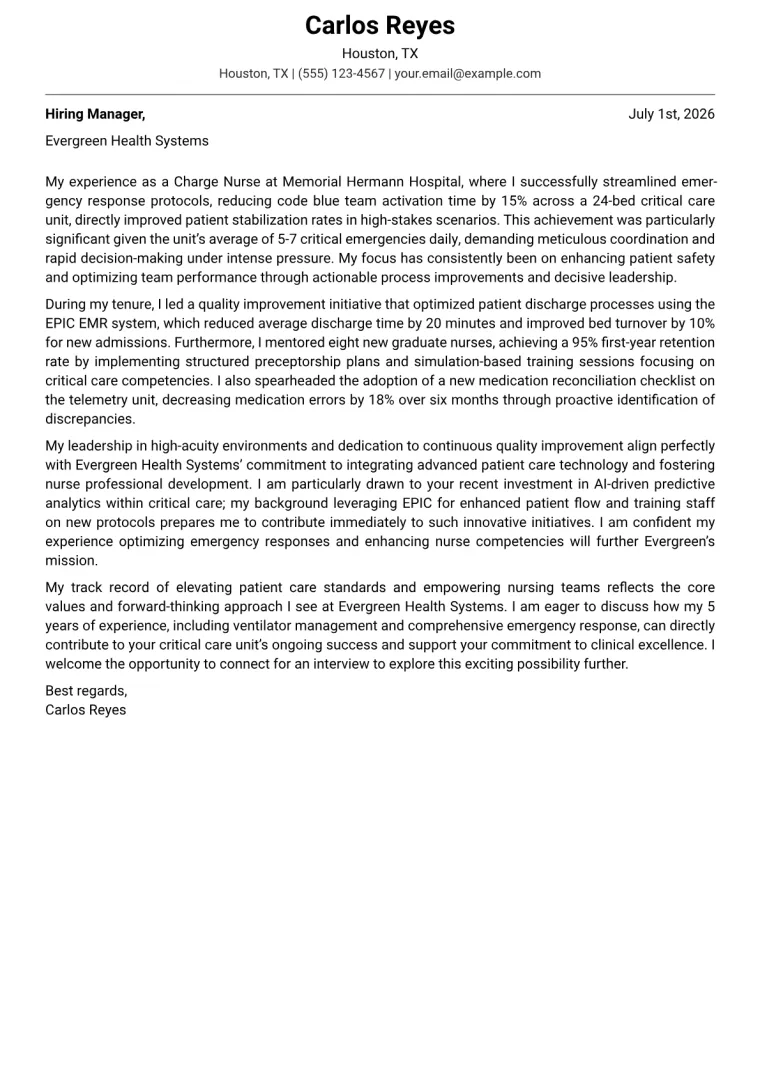 Charge Nurse cover letter example preview
