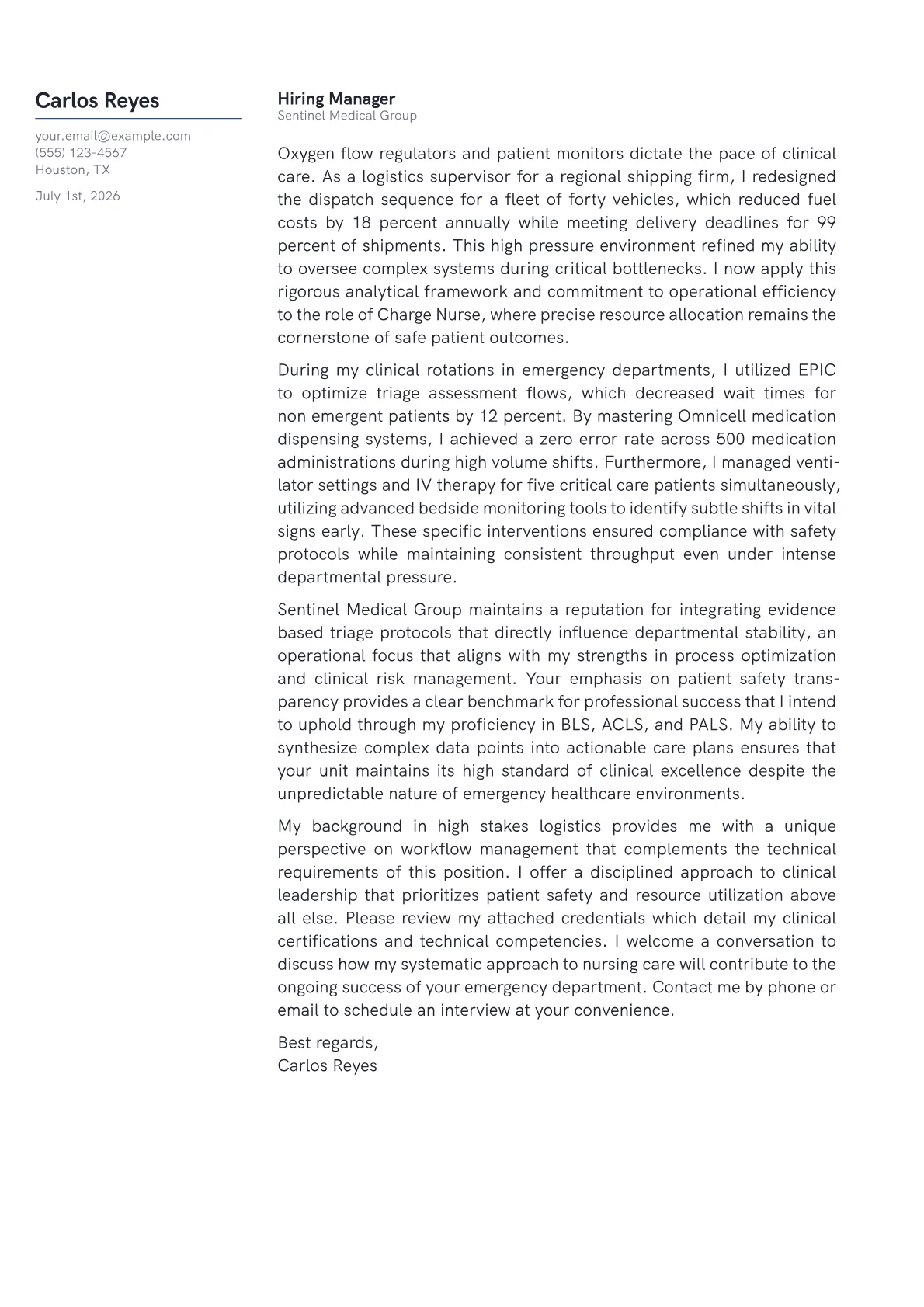Charge Nurse cover letter in the Margin design
